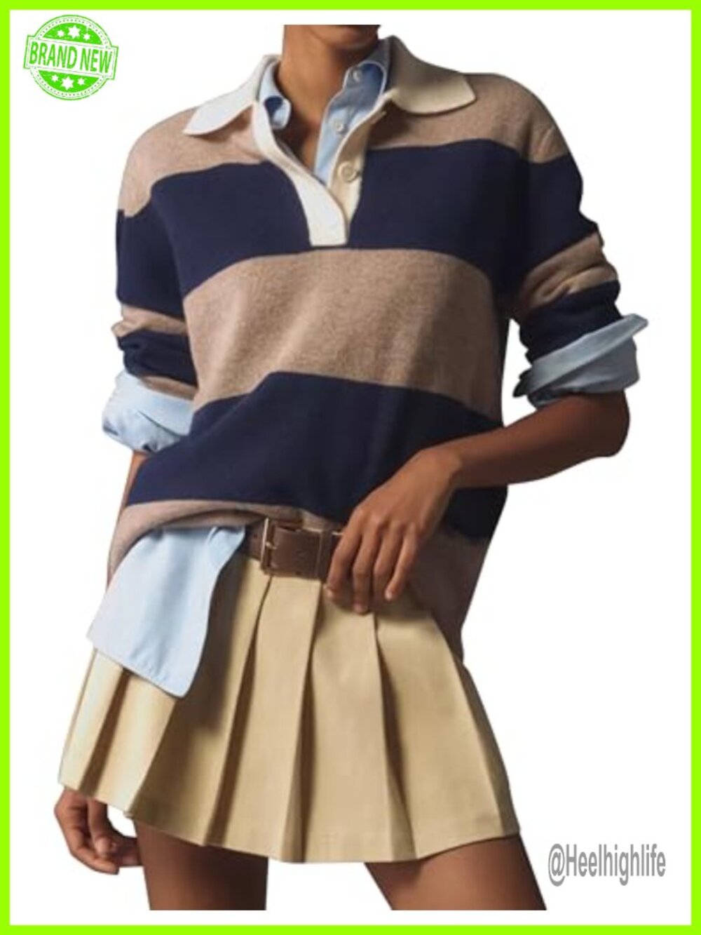 Striped Sweater Rugby Polo Collar Pullover Boxy Fit V-Neck Knit Top